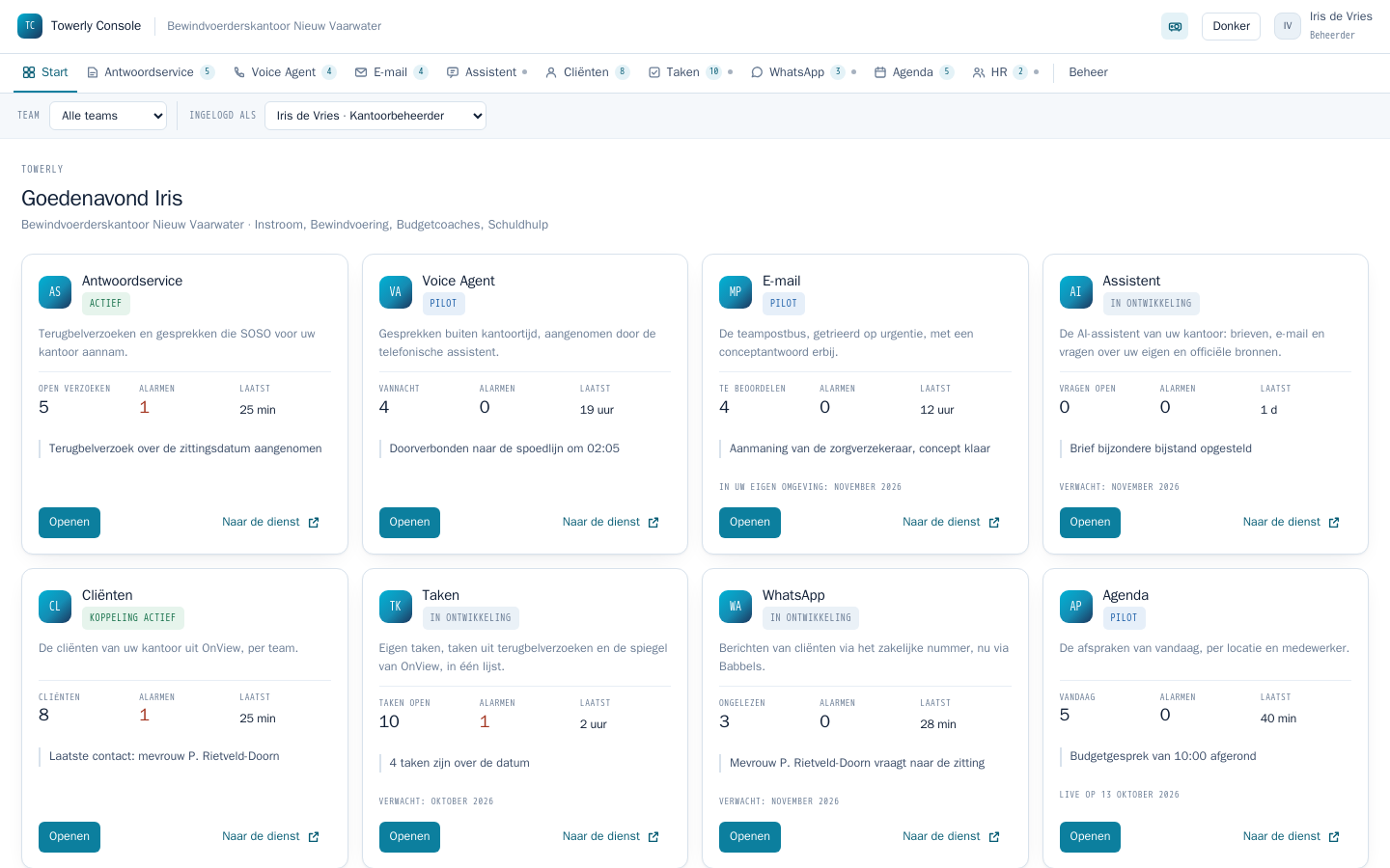 Startpagina van het Towerly-dashboard met negen diensttegels en de activiteit van vandaag